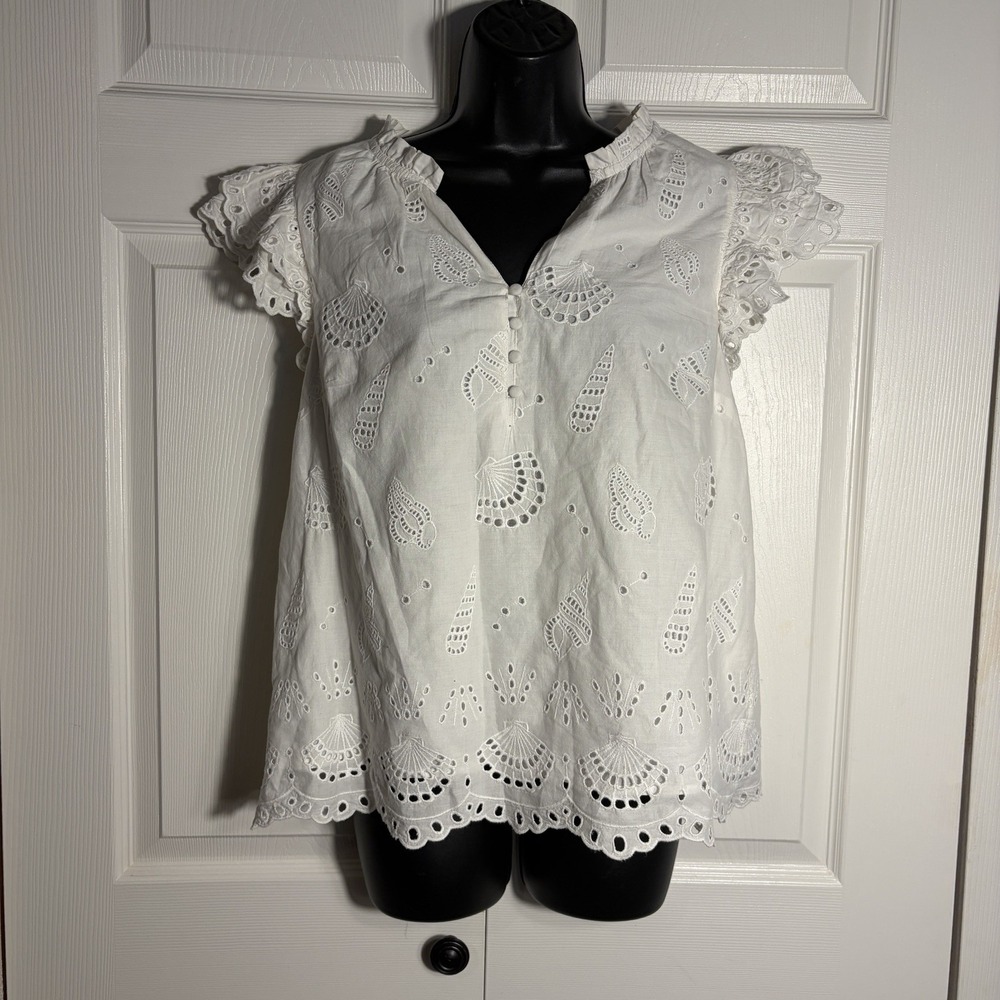 Vineyard Vines Seashell Eyelet Blouse Women M White 100% Cotton Flutter Sleeve